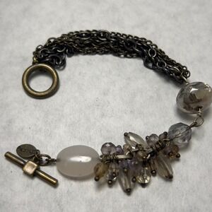 Chicos Bracelet Toggle Closure Mixed Beads Antique Brass Tone 5 Strand Chunky